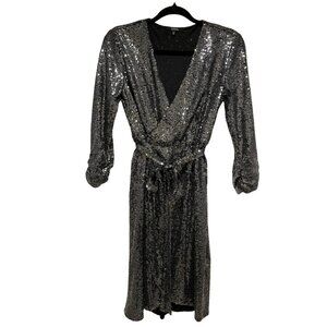 XOXO Black Cocktail Dress With Silver Sequins V-neck & Belted Waist  Size Small